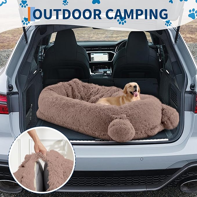 GarveeHome Human Sized Dog Bed, 71" x 45" x 12" Large Dog Bed with 2 Storage Pockets, Fluffy Faux Fur Orthopedic Pet Bean Bed for Adults & Giant Pets - Brown