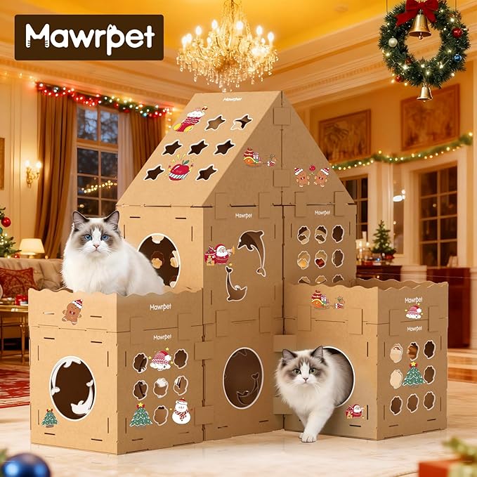 DIY Cat Scratcher Cardboard House, Clawsable Cat Play House, a Versatile Box, Indoor Kitty Scratcher Hideout for One or More Cats Brown, Cat Tower Castle Tunnel 10 Parts