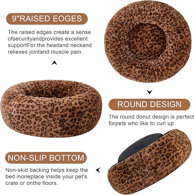 Dog Calming Beds for Small Medium Large Dogs - Round Donut Washable Puppy Dog Bed, Anti-Slip Faux Fur Fluffy Donut Cuddle Anxiety Cat Pet Bed (24" Leopard Print)