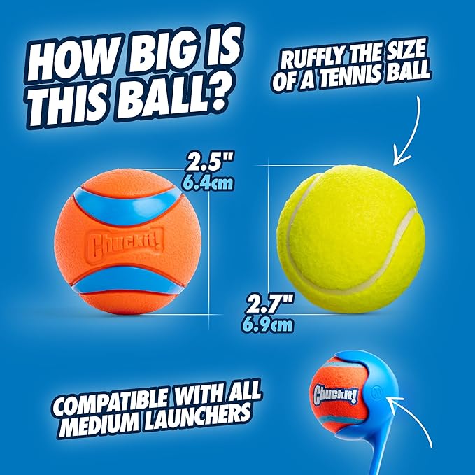 Chuckit! Ultra Ball Dog Toy - Medium Bouncy Fetch Balls For Dogs 20-60 lbs - Made from Durable Rubber - Floating Water Pet Toys - Size Medium - 2.5-inch Diameter - Pack of 4