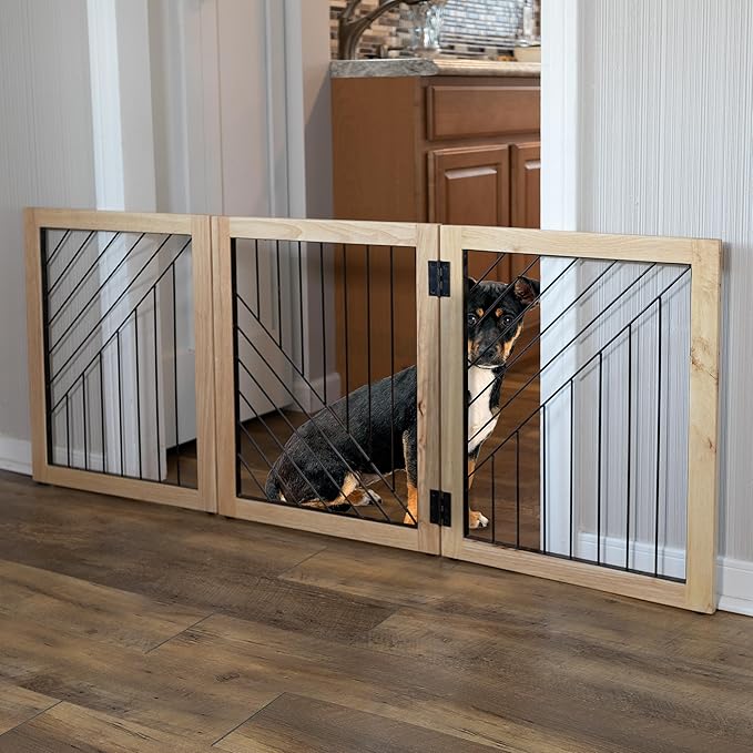 Pet Gate - 3-Panel Indoor Folding Dog Gate for Stairs or Doorways - 54x24-Inch Freestanding Pet Fence for Cats and Dogs by PETMAKER (Natural)