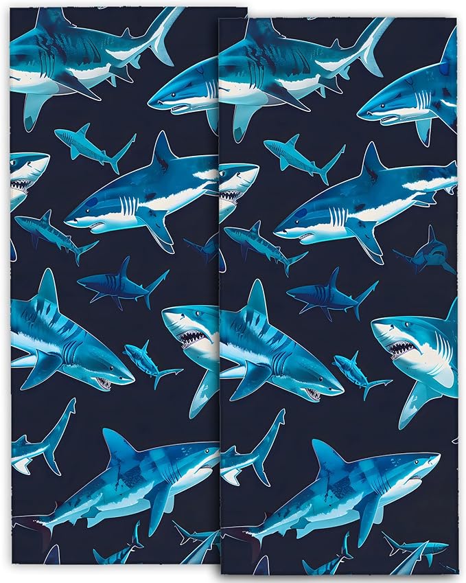 Cute Shark Hand Towels - 2 Pack, 14.5" X 28",Soft Microfiber Polyester Dark Towel Set with Bold Dynamic Sharks Pattern,for Ocean Bathroom Kitchen Spa Hotel Decor Gifts