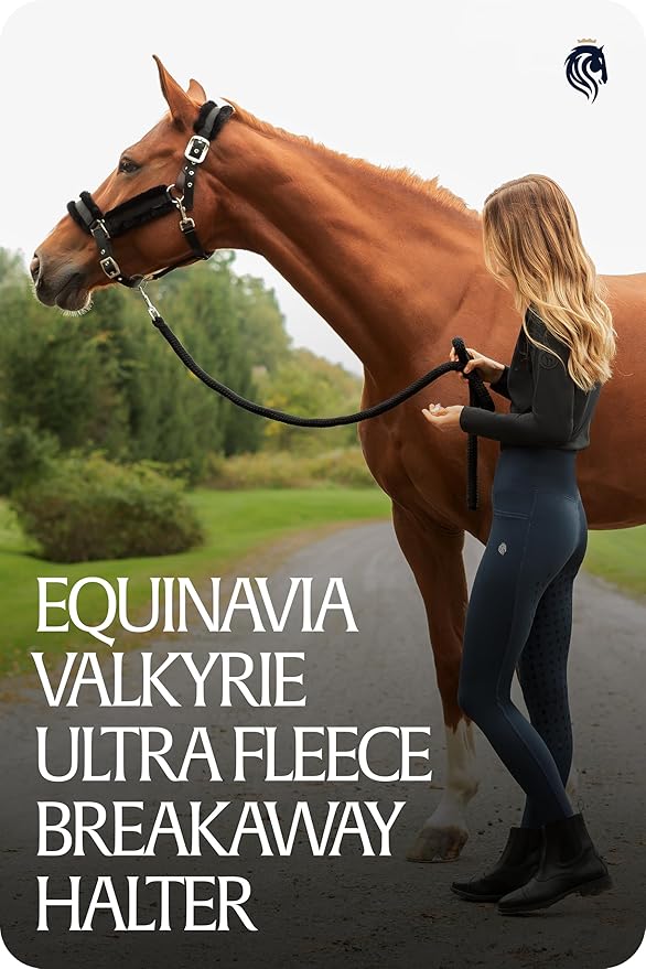 Equinavia Valkyrie Ultra Fleece Breakaway Horse Halter | Padded Fleece Adjustable Safety Halter with Nylon Webbing - Black/Black - Warmblood