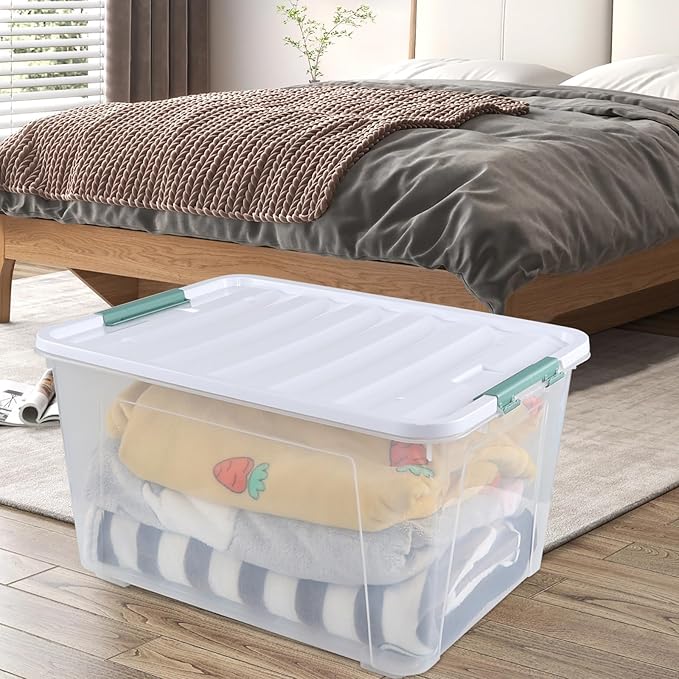 80 L Large Plastic Storage Bins with Lids, 4 Pack Wheeled Clear Storage tote with Latch Handle