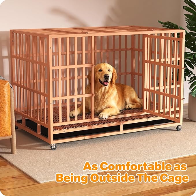 48 Inch Heavy Duty Dog Crate, Indestructible Escape-Proof Dog Kennel for High Anxiety Large Dogs, Strong Metal Pet Cage with Double Doors, Lockable Wheels & Removable Tray, XL XXL XXXL