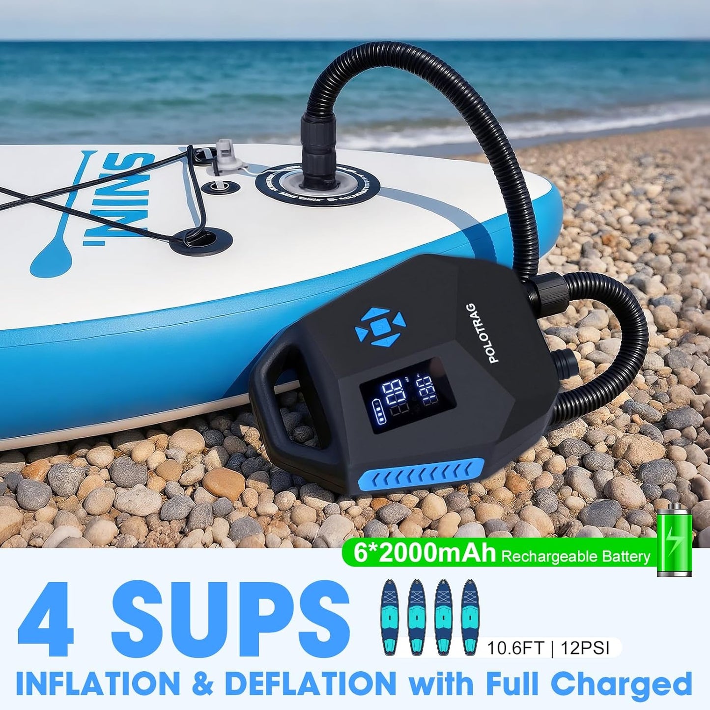 Paddle Board Pump, Rechargeable SUP Pump Electric, 20PSI Portable Paddleboard Pump with Inflation & Deflation, Auto-Off for Inflatables, Kayak, Towable Tube and Air Mattress