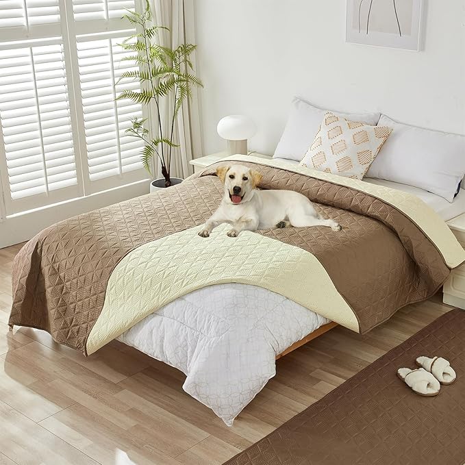 GIBZ Water Resistant Dog Bed Blanket Cover Large Anti Slip Pet Furniture Protector Washable Cat Quilted Mat for Couch, Khaki, 210x305cm