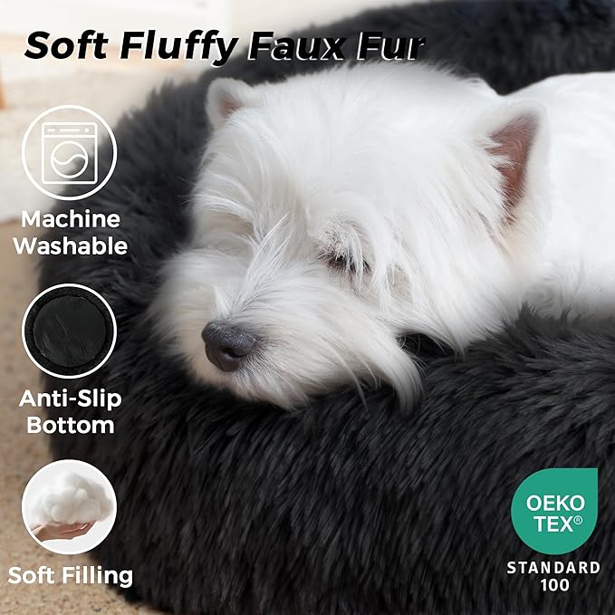 Calming Dog Bed & Cat Bed for Indoor Cats, Medium Size Washable Anti-Slip Anti-Anxiety Donut Dog Beds for Small Dogs & Cats, Fluffy Plush Cozy Round Dogs Beds(20 Inch, Black)