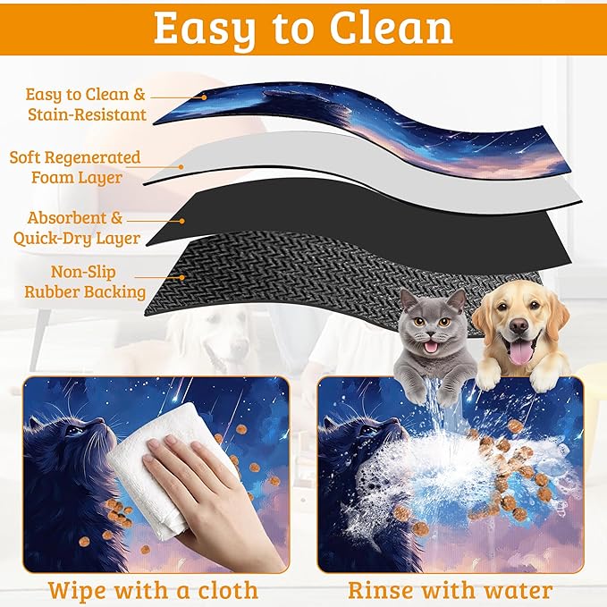 Cat Dog Food Mat,Starry Night Absorbent Pet Feeding Mat for Food and Water Bowl,Quick Dry Dog Placemat Non Slip Rubber Backing Waterproof Pet Supplies 16" x 24"