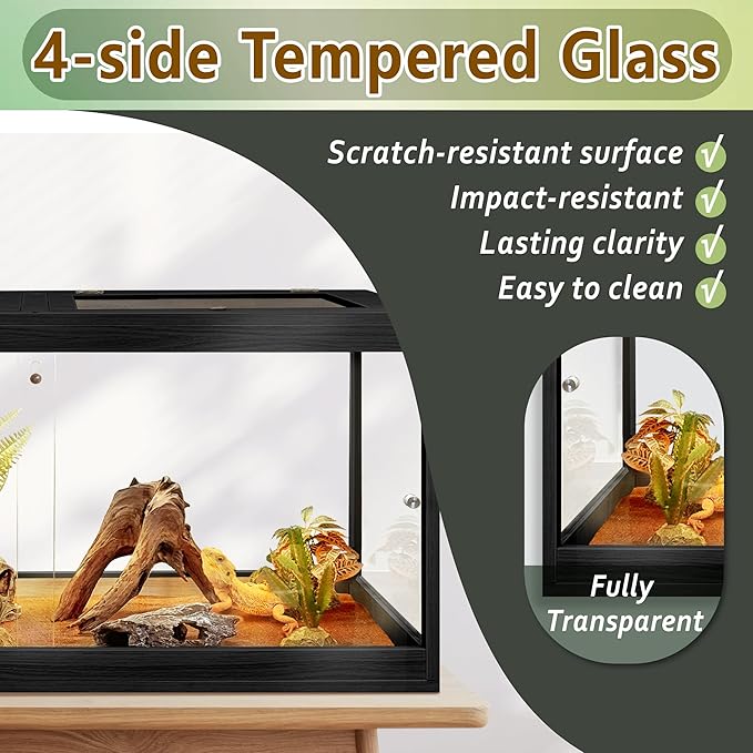 PROLEE Bearded Dragon Tank,Tempered Glass Reptile Tank with Mesh Roof and Front Sliding Door,Anti-Scratch Lizard Tank,Spacious Reptile Enclosure for Snakes,Lguanas (Black, 81Gallons,48"x20"x20")