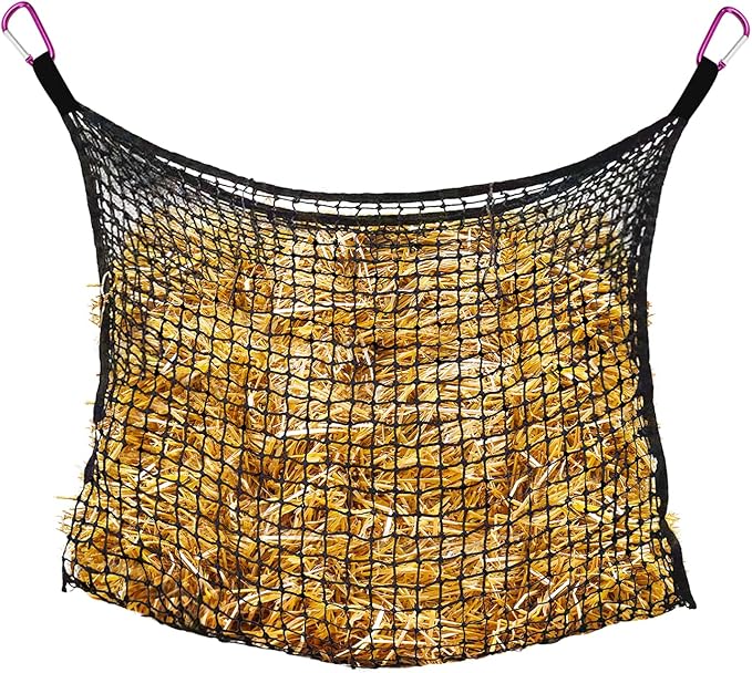 Bloomoak Ultra Slow Feed,Knotless Slow Feed Hay Net with 4 Carabiner Clips for Horses/Soft Flat Hanging Hay Bag with Large Capacity for Full Day Feeding (M 35 * 31", 1" Hole for Ultra Slow Feed)…