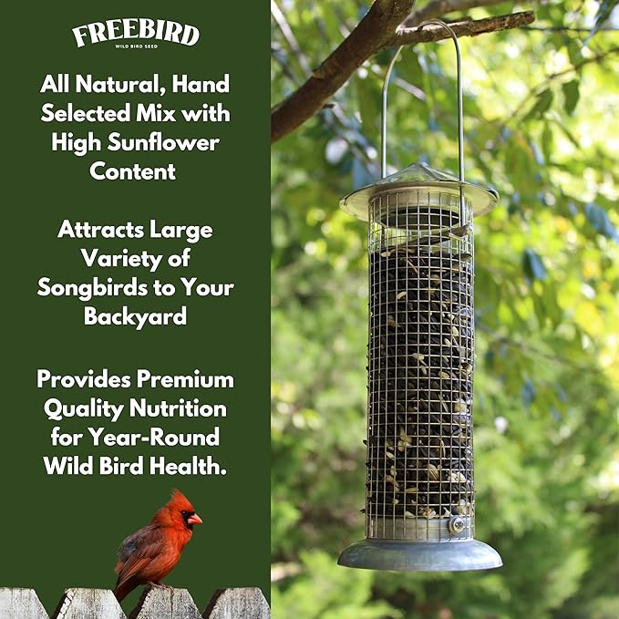 Wild Bird Seed for Outside Feeders by Freebird - Premium Songbird Blend with Sunflower, Safflower, Peanut Pieces, Red Millet and White Millet for Cardinals, Finches, and Colorful Wild Birds - 5lb Bag