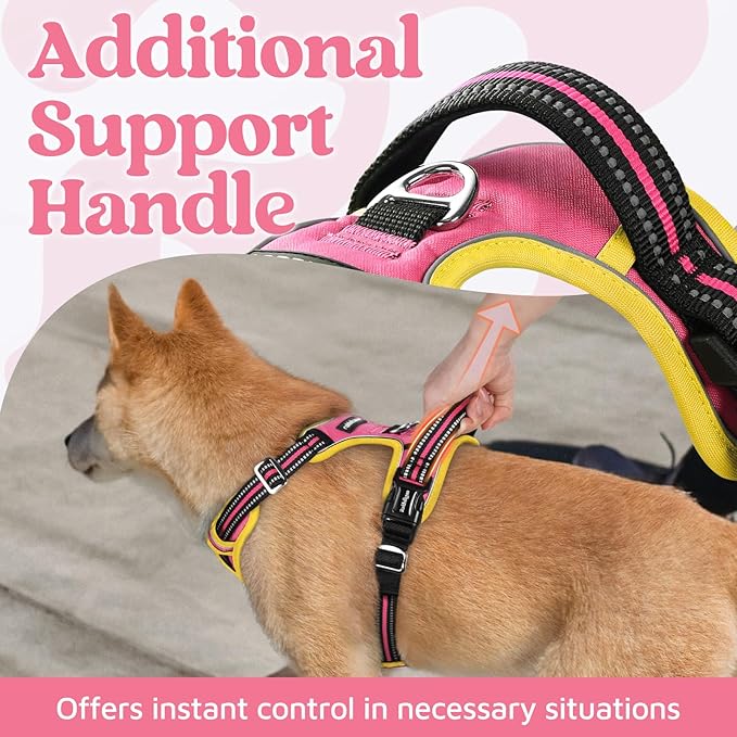 rabbitgoo Dog Harness Medium Sized, No Pull Dog Vest with 3 Buckles, Adjustable Soft Padded Pet Harness with Easy Control Handle and Reflective Strips, Pink & Yellow, M