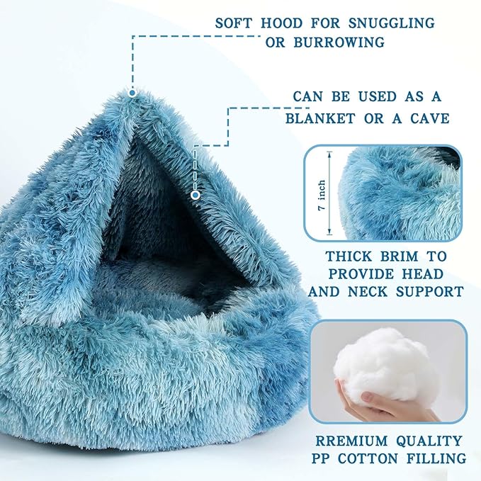 NOYAL Calming Dog Bed for Anxiety, Hooded Donut Cave with Blanket, Plush Fluffy Washable Pet Bed for Small Medium Dogs & Cats