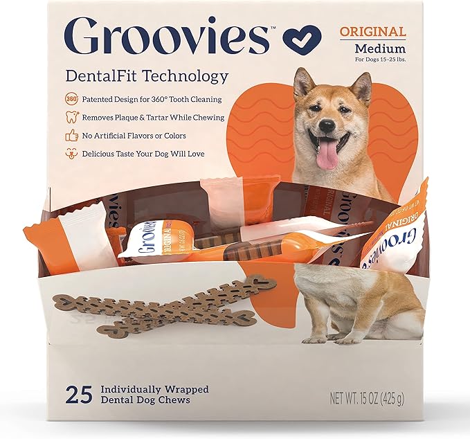 Groovies Original Dog Dental Chew Individually Wrapped Medium (25 ea)