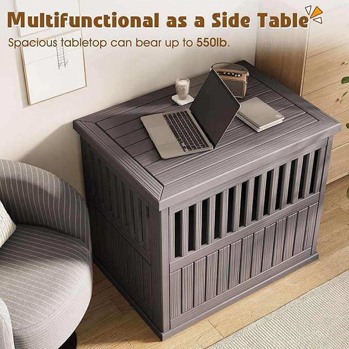 Bifanuo 40-Inch Dog Crate Furniture, Heavy Duty Dog Crate for Large and Medium Dog, Lockable Indoor Outdoor Dog Kennel & End Table, Decorative Plastic Pet Cage(Grey)