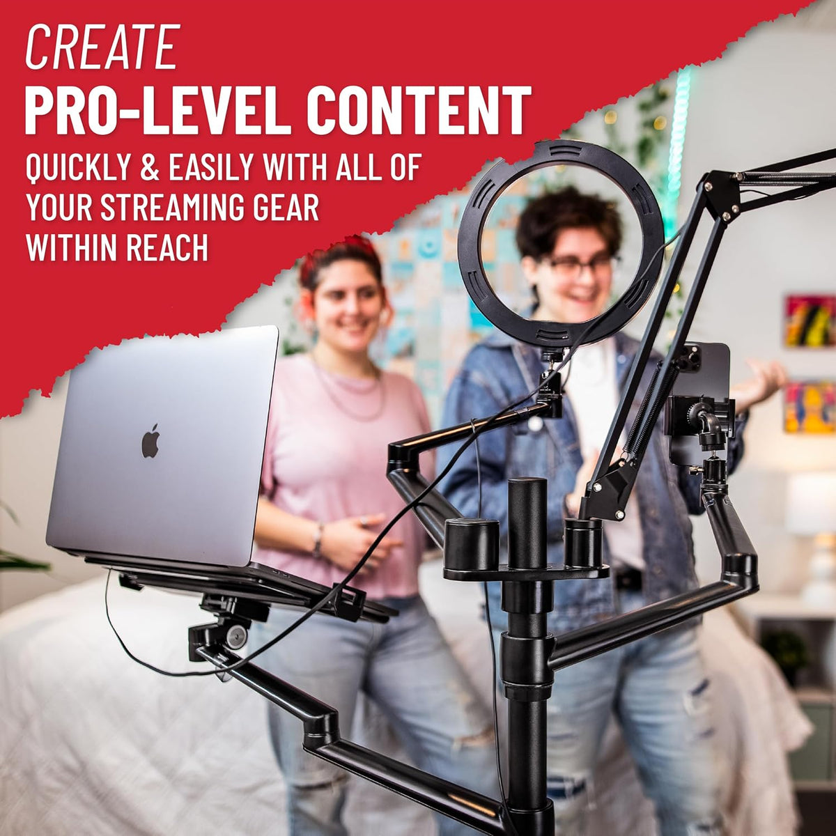 Gator Frameworks 5-in-1 Mobile Content Creator Streaming Stand with Wheeled Tripod Base – Includes Smartphone, Tablet, Laptop Clamps, Ring Light, and More! (GFW-STREAMSTAND-W)