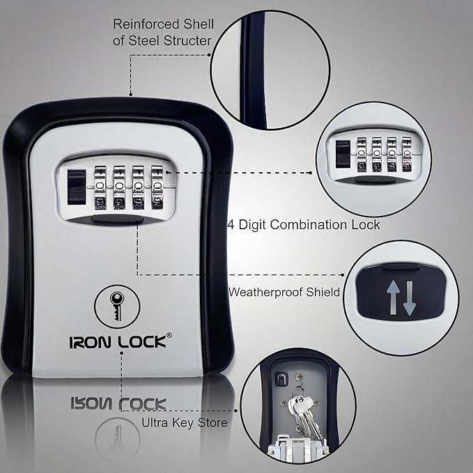 Iron Lock® Key Lock Box Wall Mount – Medium Waterproof Heavy-Duty Metal Safe with 4-Digit Combination for Outdoor Access, Home Entry, Office Security, Rentals & Airbnb Use (Grey, Medium)