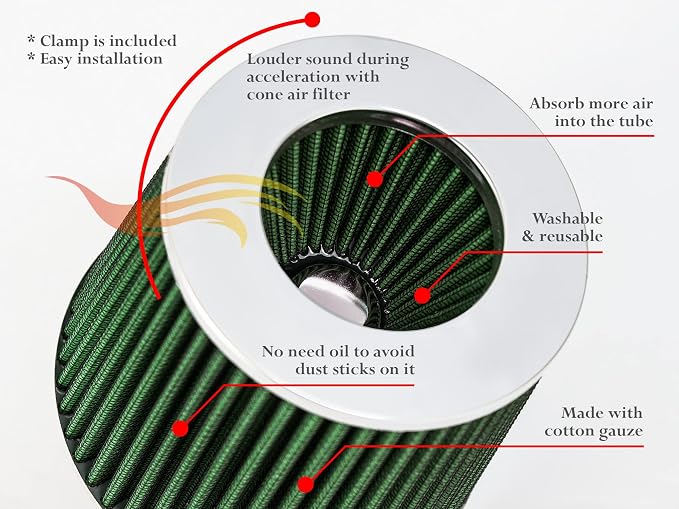 Rtunes Racing Universal Clamp-On Air Filter, Standard Cone, Dry Washable Design