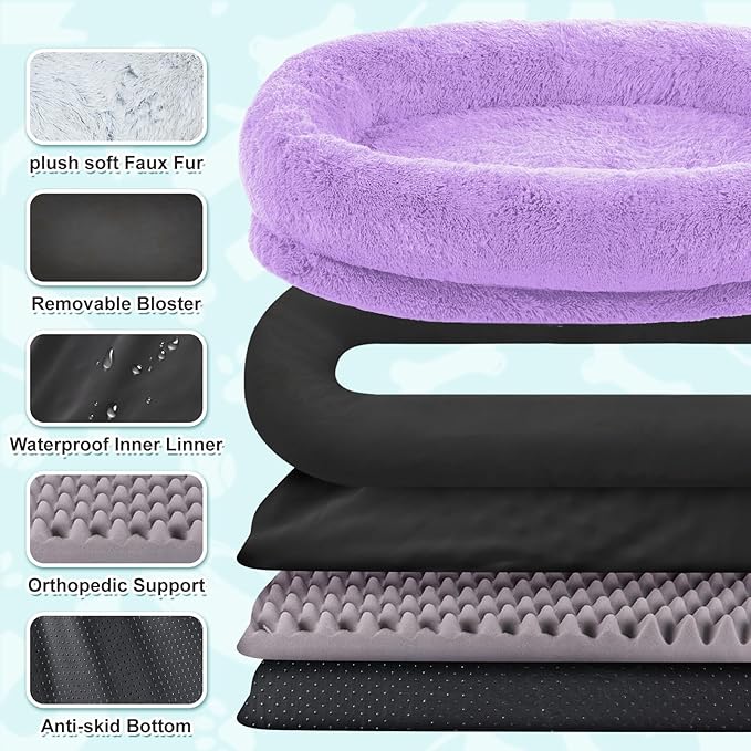 YAEM Human Dog Bed for Adult and Pets - 71"x45"x12" Dogs Beds for Humans with Washable Faux Fur Cover, Plump Pillow, Blanket, Orthopedic Design, Strap-Purple