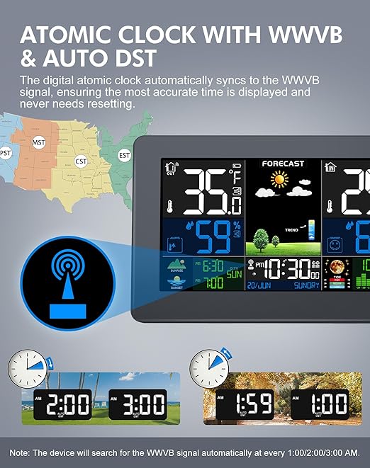Weather Station Wireless Indoor Outdoor Thermometer, Digital Thermometer with Remote Sensor, Large Display Home Weather Stations with Weather Forecast, Atomic Clock, Barometric Pressure, Moon Phase