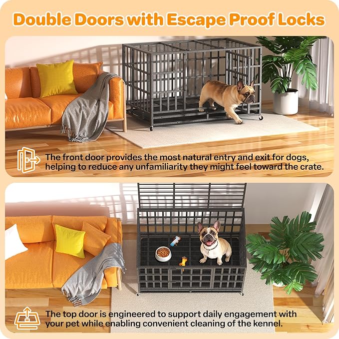 38 Inch Heavy Duty Dog Crate, Indestructible Escape-Proof Dog Kennel for High Anxiety Large Dogs, Strong Metal Pet Cage with Double Doors, Lockable Wheels & Removable Tray, XL XXL XXXL