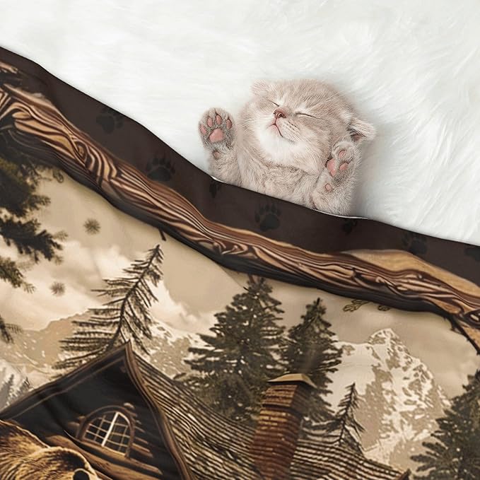 Cabin Bear Throw Blanket - Rustic Blanket for Dog Cat Pet 30x20 Wood Blankets for Couch Sofa Bed