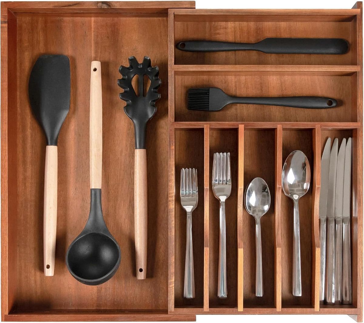 KitchenEdge Silverware & Utensil Drawer Organizer, 10.5-19 in, Acacia