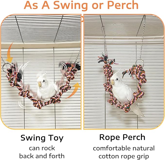 Bird Rope Perch & Swing Toy, Sturdy Knotted Parrot Cotton Rope with Chains, Parakeet Swing Perch Bird Cage Accessories Toy, No Sharp Wires for Budgie Cockatiel Safe Claw and Balance Training
