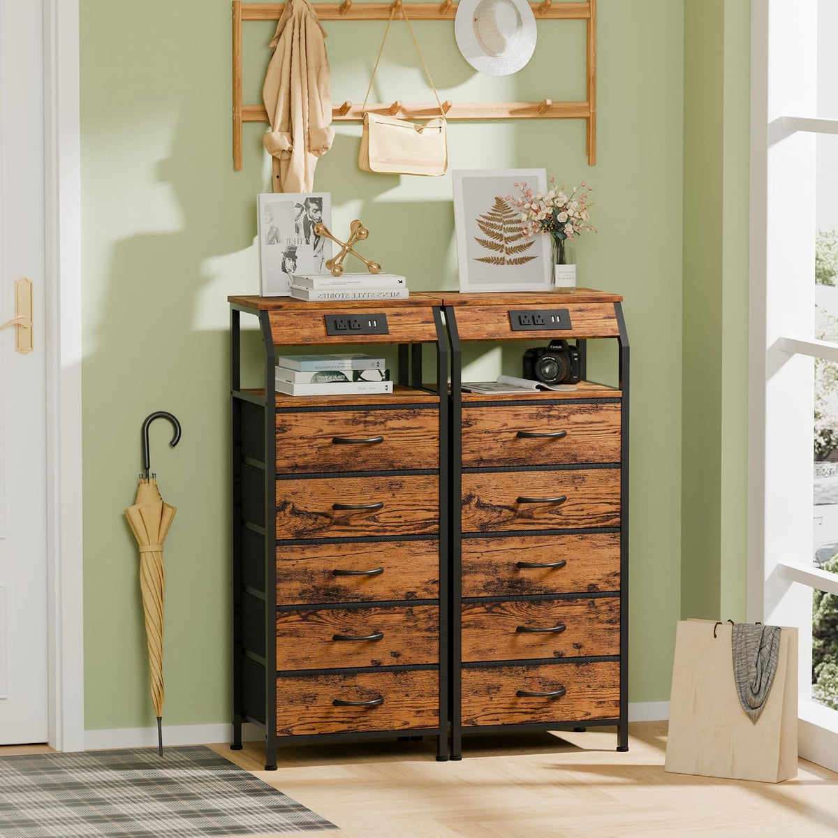 Furnulem 5 Drawers Dresser with Charging Station, Tall Nightstand, Brown