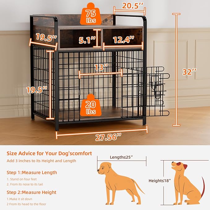 Small Dog Crate Furniture with Drawers Storage, Puppy Dog Kennel Indoor with Double Doors, Heavy Duty Wooden Dog Cage Table, Sturdy Metal, Rustic Brown