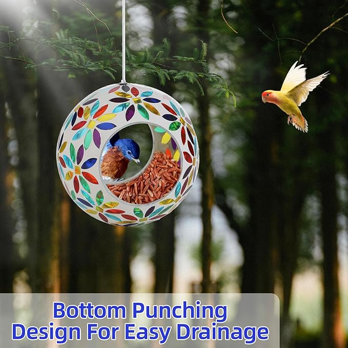 VOREEN Mosaic Glass Bird Feeder – 6" Handcrafted Hanging Fly-Through Feeder for Outdoor Garden Décor, Wild Bird Seed Feeder with Multicolor Flower Design – Gift for Mom Wife Friend Nature Lovers