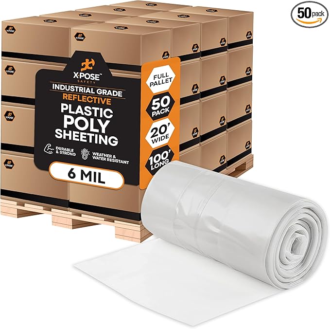 Xpose Safety Clear Plastic Sheeting (Bulk Full Pallet 50 Pack) – 20' x 100' Rolls – Heavy Duty 6 Mil Poly Sheet – Waterproof, Dustproof, Vapor Barrier – for Construction, Painting, Industrial Use