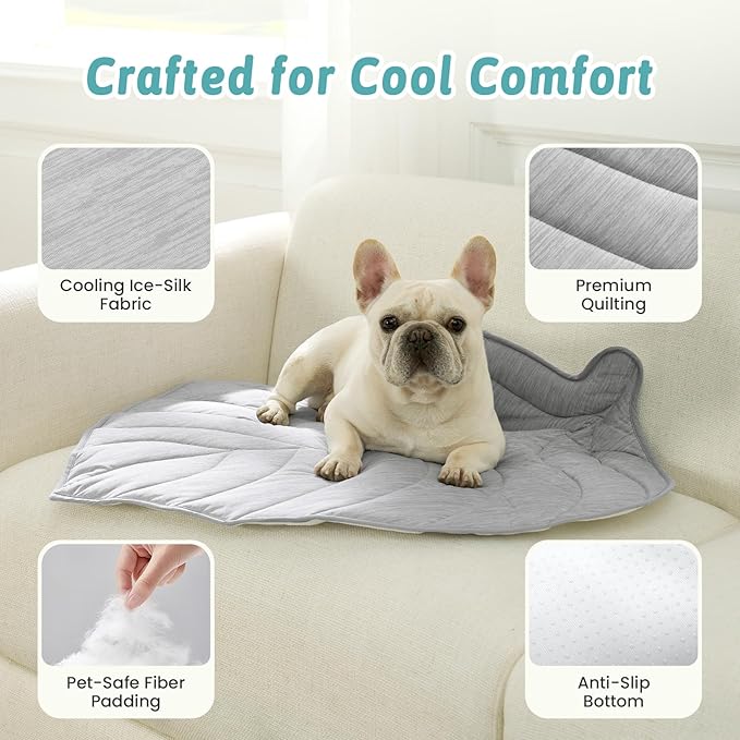 Dog Cooling Mat, Q-Max > 0.4 Leaf Shaped Pet Pad, Liquid Pee Proof Summer Mat for Cats, Washable Sleep Blanket for Bed Couch Floor Indoor, 27x23 inch, Silver Grey