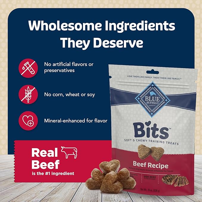 Blue Buffalo Bits Soft Dog Treats for Training, Made with Natural Ingredients & Enhanced with DHA, Beef Recipe, 19-oz Bag (Pack of 4)