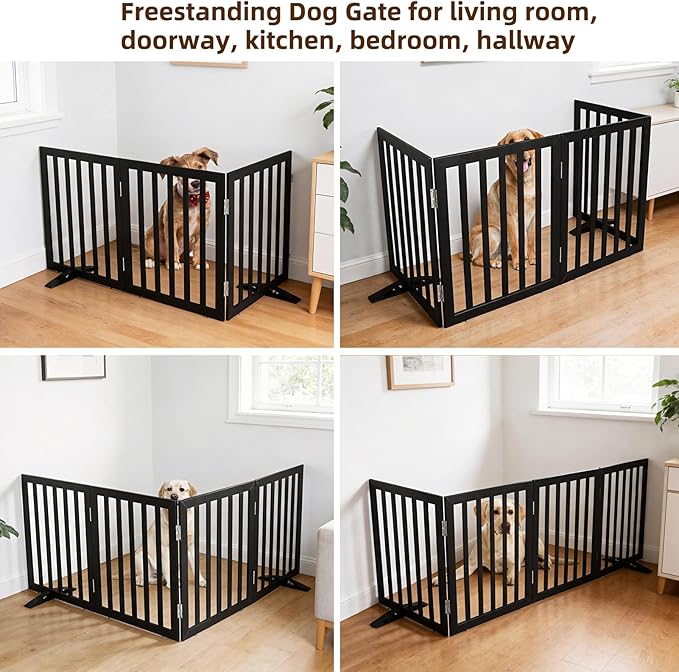ZJSF Freestanding Indoor Dog Gate for House Foldable Wood Puppy Gate for Doorways Pet Gate for Stairs Extra Wide Pet Fence, Black, 24" Height 3 Panels