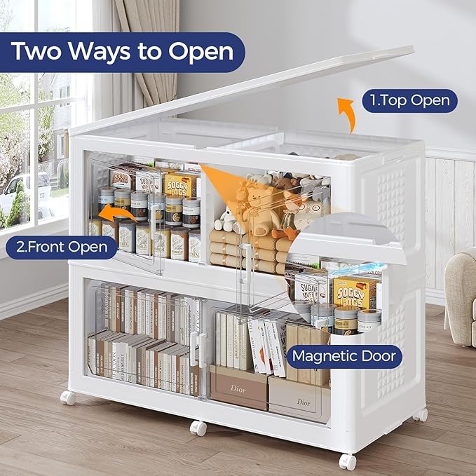 200Gal Stackable Storage Bins with Lid, 800Qt Extra Large Collapsible Storage Box with Wheels, Dividers, Folding Plastic Cabinet Closet Organizers for Home Kitchen Office Dorm, 5Pack White