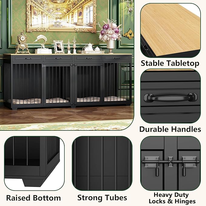 Extra Large Dog Crate Furniture, 93 Inch Heavy Duty Wooden Dog Kennel with Drawers & Removable Divider, Indoor Furniture Style Luxury Double Rooms Dog House for XL Large Dogs, Black