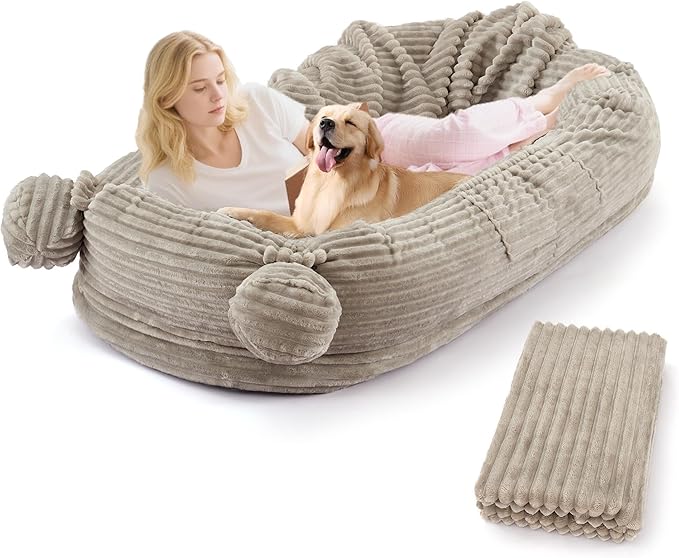 GarveeHome Human Sized Dog Bed, 71" x 45" x 12" Large Dog Bed with 2 Storage Pockets,Faux Fur Orthopedic Pet Bean Bed for Adults & Giant Pets - Khika