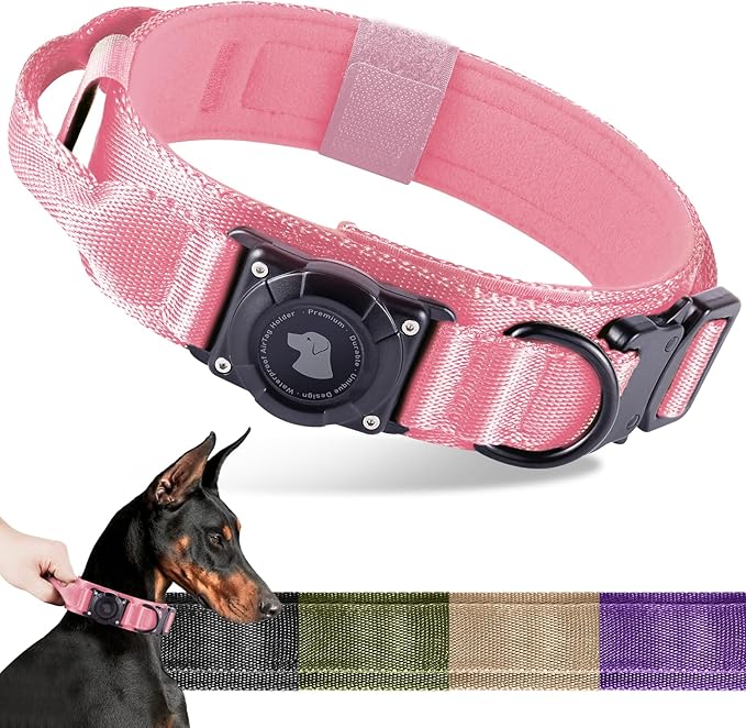 2025 Upgrade Waterproof AirTag Dog Collar, Military Tactical Dog Collar with AirTag Holder, Comfortable Control Handle and Metal Buckle, GPS Dog Collar Holder for Medium to Large Dogs (Pink, XL)
