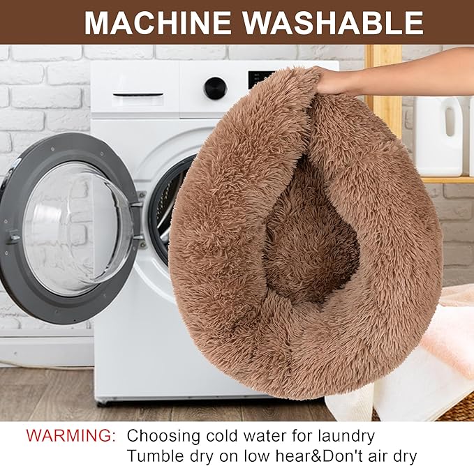 Dog Calming Beds for Small Medium Large Dogs - Round Donut Washable Dog Bed, Anti-Slip Faux Fur Fluffy Donut Cuddler Anxiety Cat Bed(28" Khaki