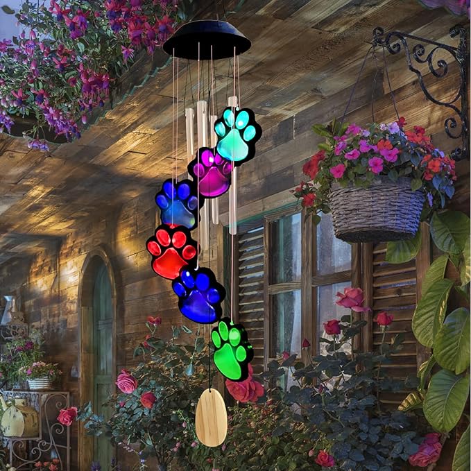 Paw Print Solar Wind Chimes for Outside,Color Changing Paw Prints Wind Chimes Solar Lights Outdoor Yard Decor,Dogs Cat Pet Pawprint Wind Chime,Sympathy Gift for Pet Lover,Garden Gift for Mom Grandma