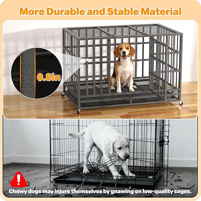 42 Inch Heavy Duty Dog Crate, Indestructible Escape-Proof Dog Kennel for High Anxiety Large Dogs, Strong Metal Pet Cage with Double Doors, Lockable Wheels & Removable Tray, XL XXL XXXL