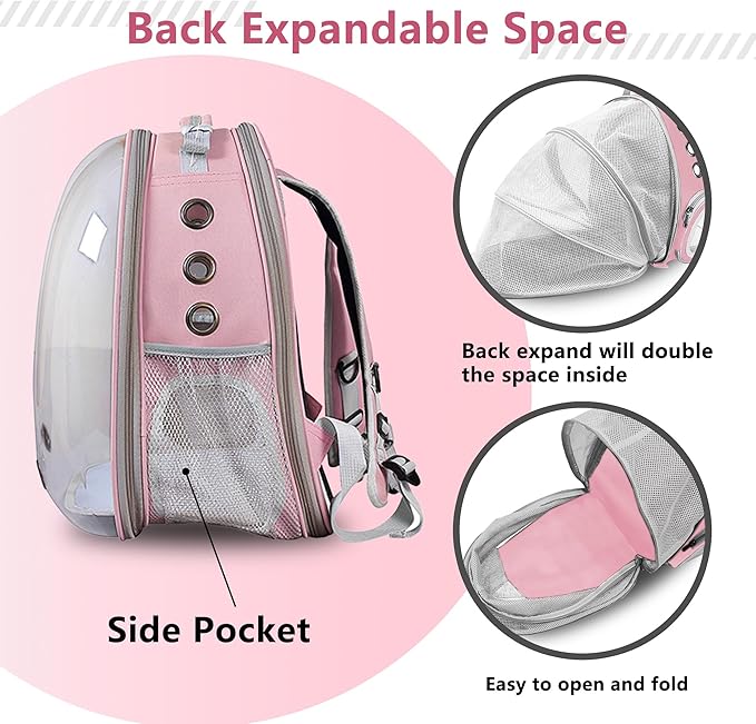 Cat Backpack Carrier Back Expandable Bubble Pet Carrier Backpack for Large Cat, Kitten and Dog, Designed for Hiking, Travelling and Outdoor Use (Back Expandable-Pink)