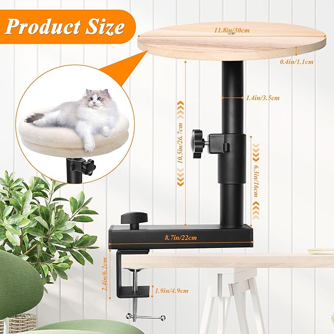 Cat Desk Bed 360° Rotating Cat Bed Desk, Solid Wood Perch, Removable Cushion, Adjustable Clamp for Office & Living Room
