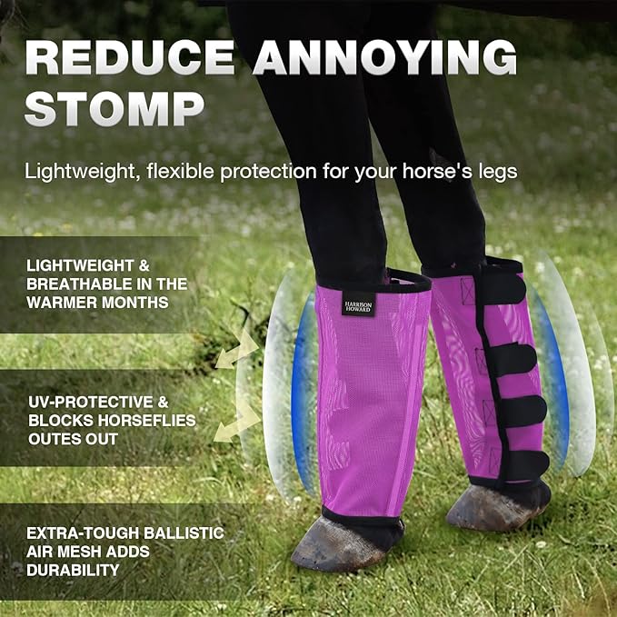 Harrison Howard Loose Fitting Fly Boots UV-Protective Extra Tough Mesh Ventilated Four Fasteners Stay-on Design Protect Horse Legs & Stomp-Reducing Set of 4 Purple Mini