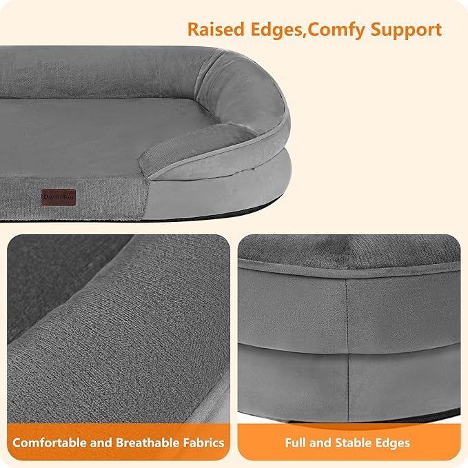 Dwanton Orthopedic Dog Bed for Large Dogs with Gel Memory Foam, Waterproof Dog Sofa, Washable Pet Bed with Four Sided Bolster Cushion, Removable Cover & Non-Slip Bottom, 42", Medium Gray