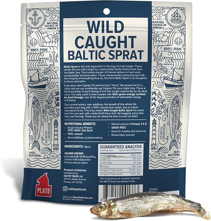 Plato Pet Treats Fish Dog Treats - Air-Dried, Single Ingredient Pet Treat - Omega 3 & 6 Fatty Acids to Support Skin and Coat - 100% Whole Fish - Wild Caught Baltic Sprat - 3 oz - 2 Pack