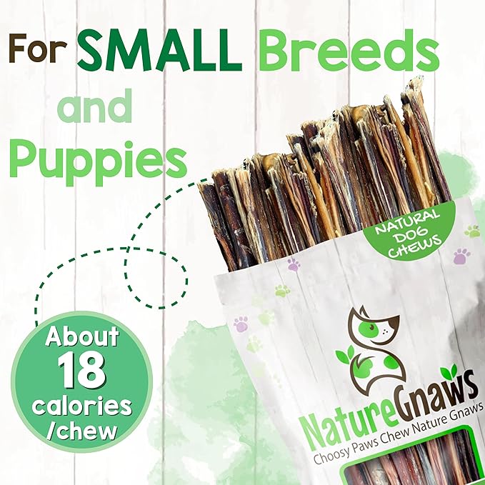 Nature Gnaws Extra Thin Pork Bully Sticks for Small Dogs 5-6" (15 Count) - Long Lasting for Light Chewers and Puppies - Natural Bacon Dog Chew Treats