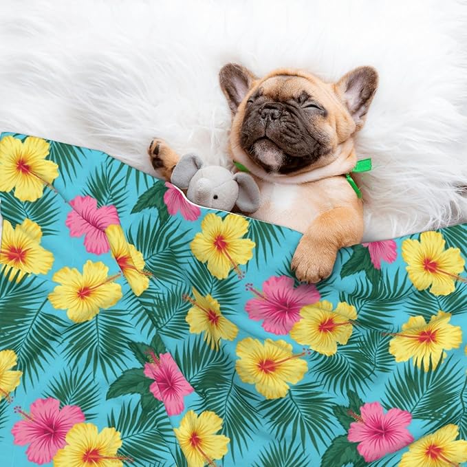 Double Sided Plush Pet Blanket with Cozy Dot Texture and Smooth Reverse, Hawaii Tropical Floral Plants, Reversible Throw for Dogs Cats on Couches Beds Crates